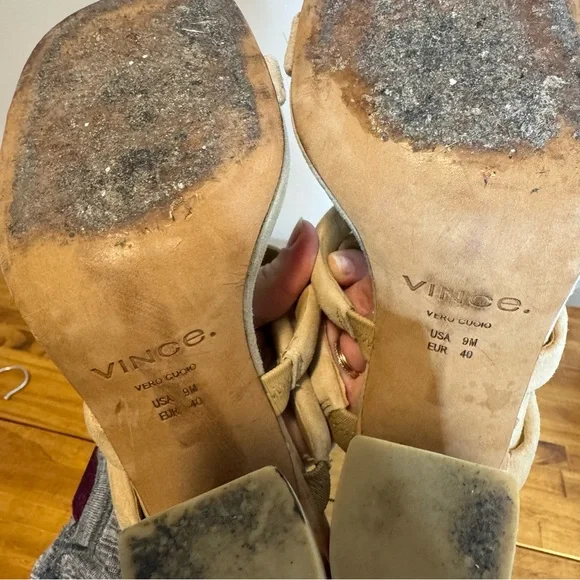 Vince Dara Suede Leather Tan Wooden Heel Mules Sandals Heels Size 9 - Picture 4 of 6